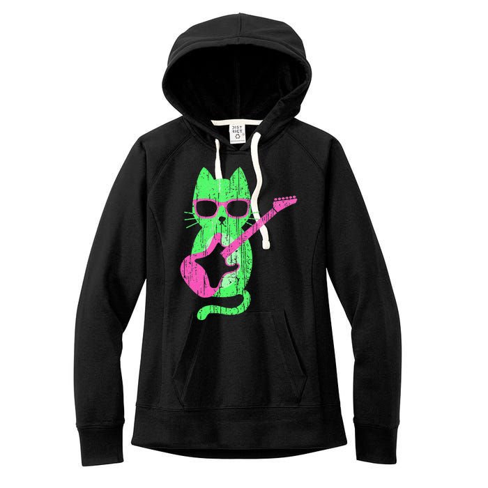 Cat Playing Guitar Cat Wearing Sunglasses 80's New Wave Cat Women's Fleece Hoodie