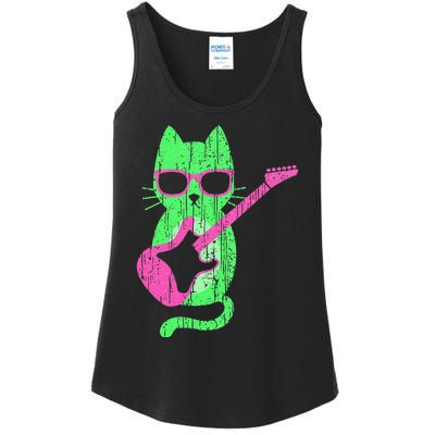 Cat Playing Guitar Cat Wearing Sunglasses 80's New Wave Cat Ladies Essential Tank