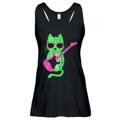 Cat Playing Guitar Cat Wearing Sunglasses 80's New Wave Cat Ladies Essential Flowy Tank