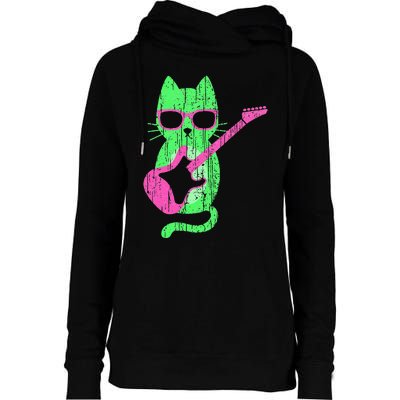 Cat Playing Guitar Cat Wearing Sunglasses 80's New Wave Cat Womens Funnel Neck Pullover Hood