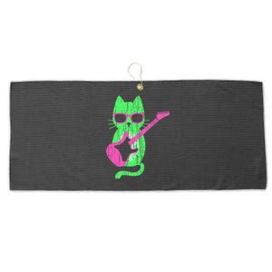 Cat Playing Guitar Cat Wearing Sunglasses 80's New Wave Cat Large Microfiber Waffle Golf Towel