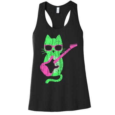 Cat Playing Guitar Cat Wearing Sunglasses 80's New Wave Cat Women's Racerback Tank