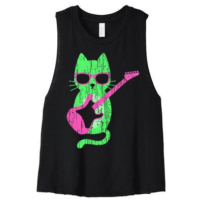 Cat Playing Guitar Cat Wearing Sunglasses 80's New Wave Cat Women's Racerback Cropped Tank