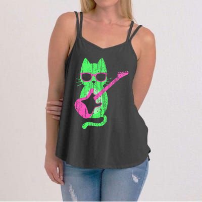 Cat Playing Guitar Cat Wearing Sunglasses 80's New Wave Cat Women's Strappy Tank