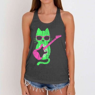 Cat Playing Guitar Cat Wearing Sunglasses 80's New Wave Cat Women's Knotted Racerback Tank