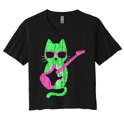 Cat Playing Guitar Cat Wearing Sunglasses 80's New Wave Cat Women's Crop Top Tee