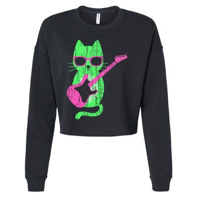 Cat Playing Guitar Cat Wearing Sunglasses 80's New Wave Cat Cropped Pullover Crew