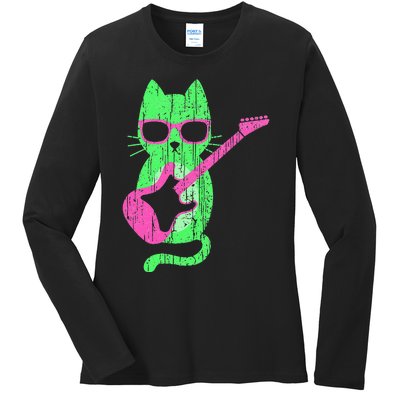 Cat Playing Guitar Cat Wearing Sunglasses 80's New Wave Cat Ladies Long Sleeve Shirt