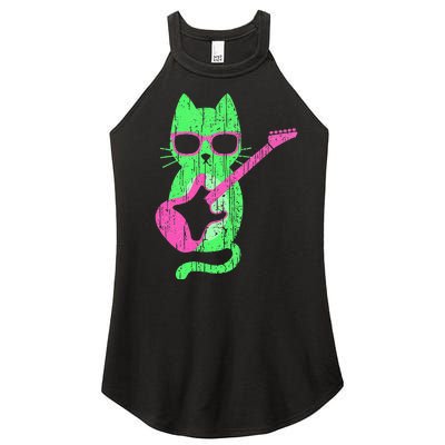 Cat Playing Guitar Cat Wearing Sunglasses 80's New Wave Cat Women’s Perfect Tri Rocker Tank