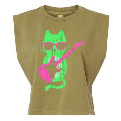 Cat Playing Guitar Cat Wearing Sunglasses 80's New Wave Cat Garment-Dyed Women's Muscle Tee