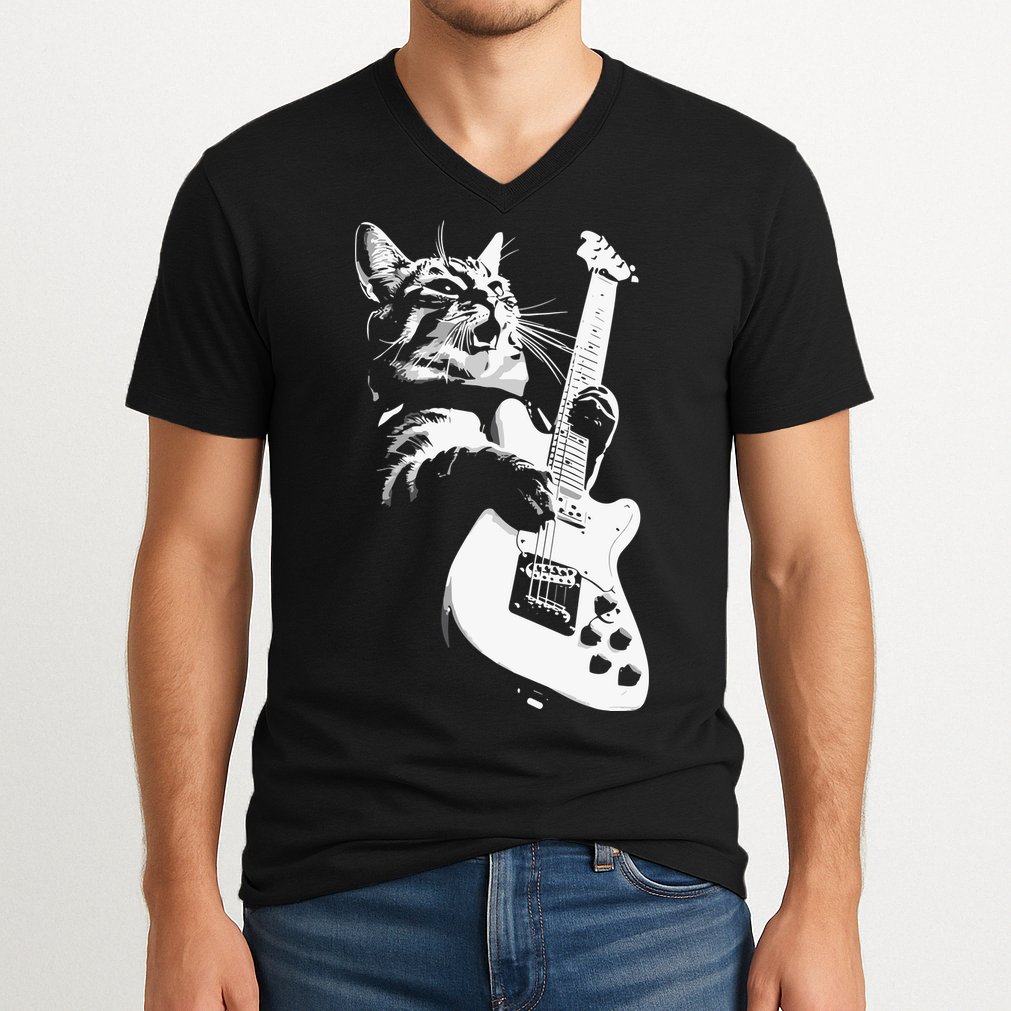 Cat Playing Guitar V-Neck T-Shirt