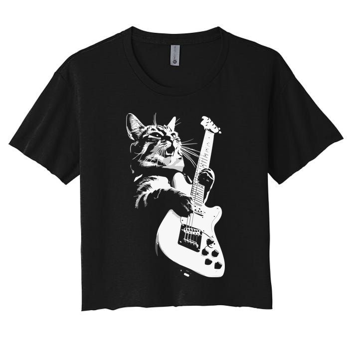 Cat Playing Guitar Women's Crop Top Tee