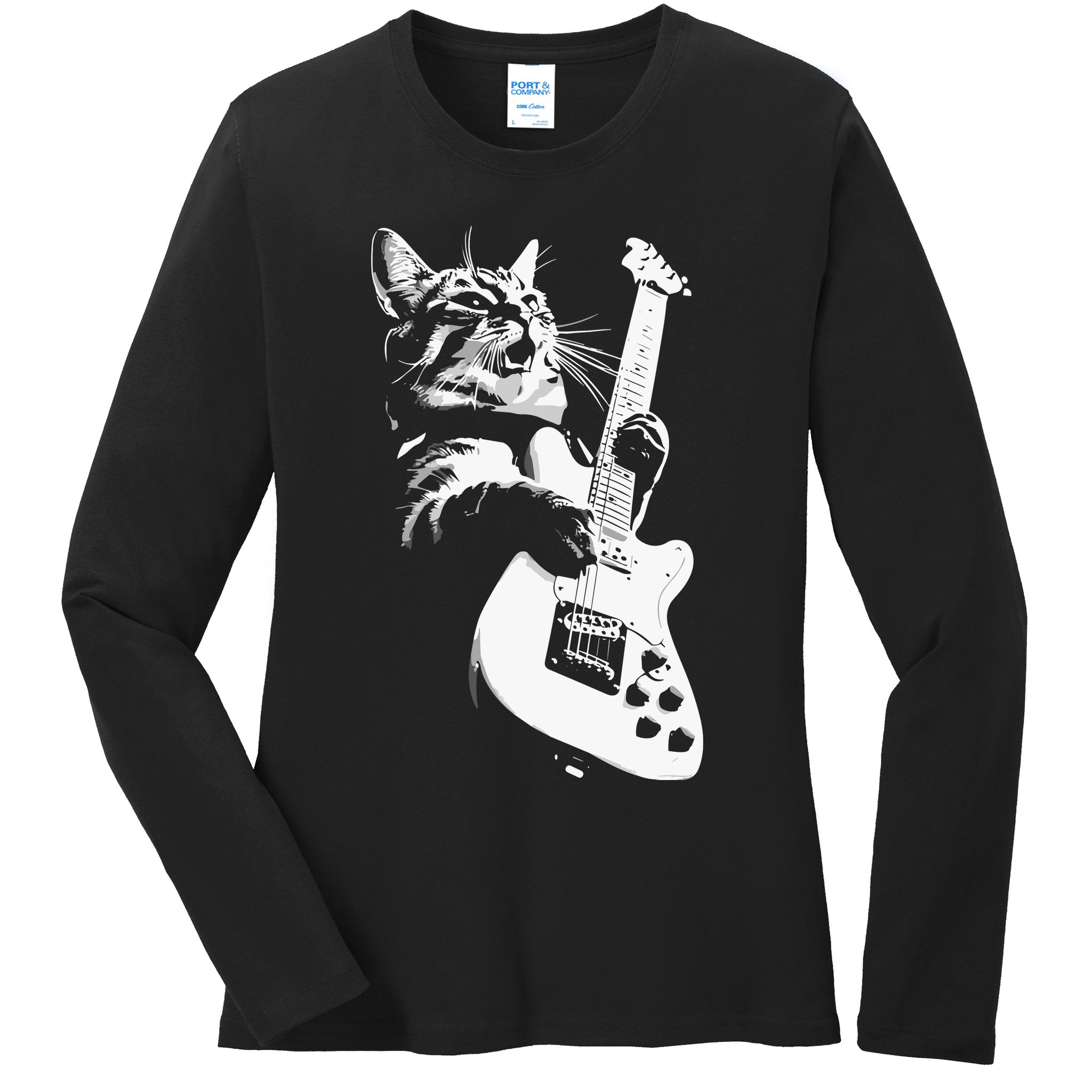 Cat Playing Guitar Ladies Long Sleeve Shirt