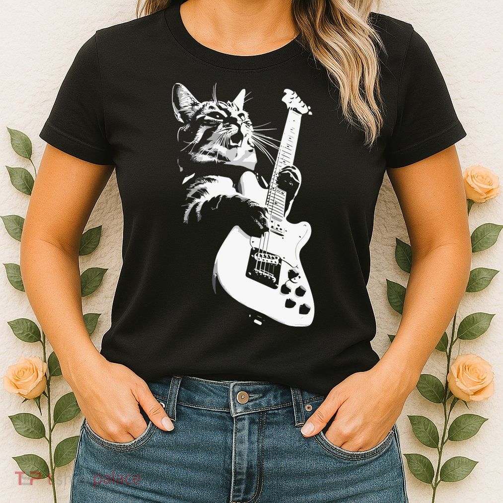 Cat Playing Guitar Womens T-Shirt