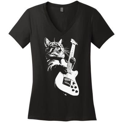 Cat Playing Guitar Women's V-Neck T-Shirt