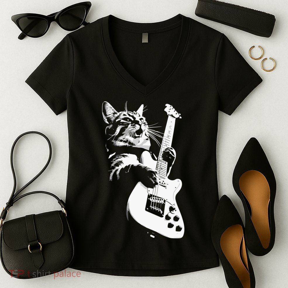 Cat Playing Guitar Women's V-Neck T-Shirt