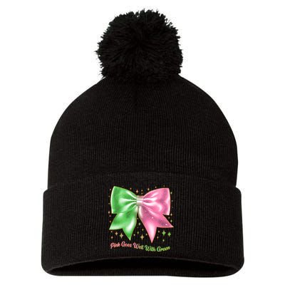 Cute Pink Goes Well With Green Ribbon Bow Pom Pom 12in Knit Beanie