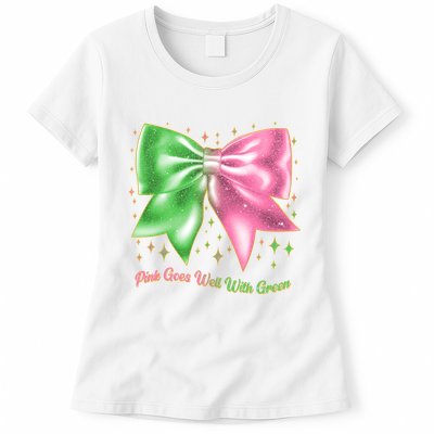 Cute Pink Goes Well With Green Ribbon Bow Womens T-Shirt