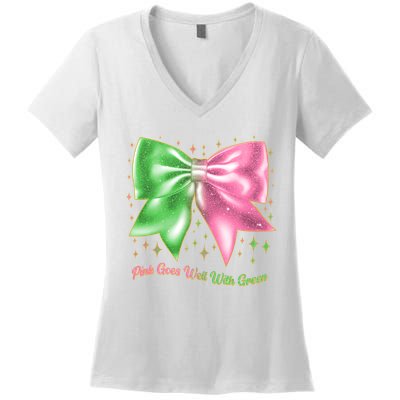 Cute Pink Goes Well With Green Ribbon Bow Women's V-Neck T-Shirt