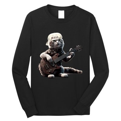 Cat Playing Guitar Funny Rock Music Gifts Long Sleeve Shirt