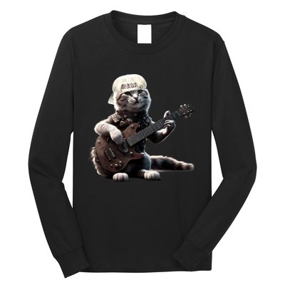 Cat Playing Guitar Funny Rock Music Gifts Long Sleeve Shirt