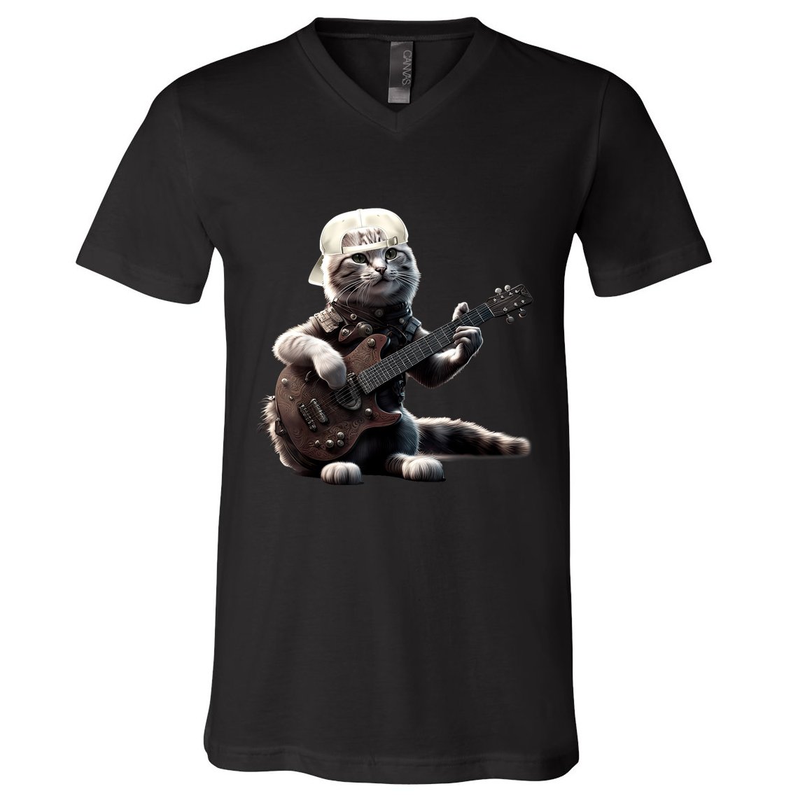 Cat Playing Guitar Funny Rock Music Gifts V-Neck T-Shirt