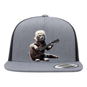 Cat Playing Guitar Funny Rock Music Gifts Flat Bill Trucker Hat