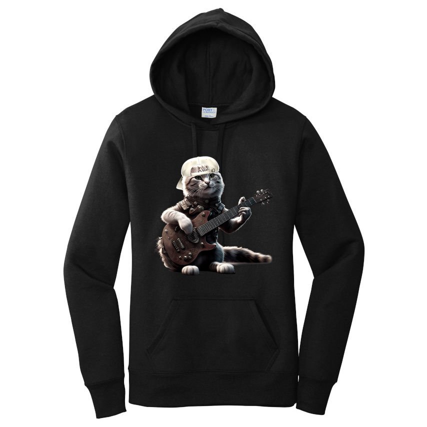 Cat Playing Guitar Funny Rock Music Gifts Women's Pullover Hoodie
