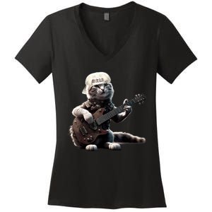 Cat Playing Guitar Funny Rock Music Gifts Women's V-Neck T-Shirt