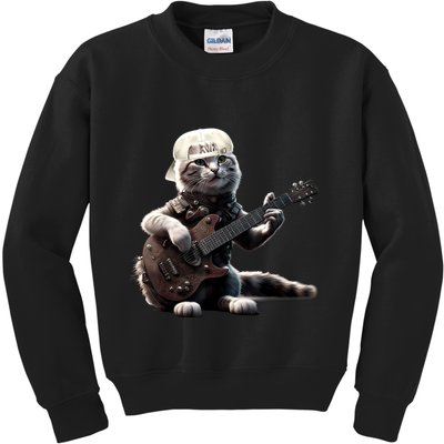 Cat Playing Guitar Funny Rock Music Gifts Kids Sweatshirt