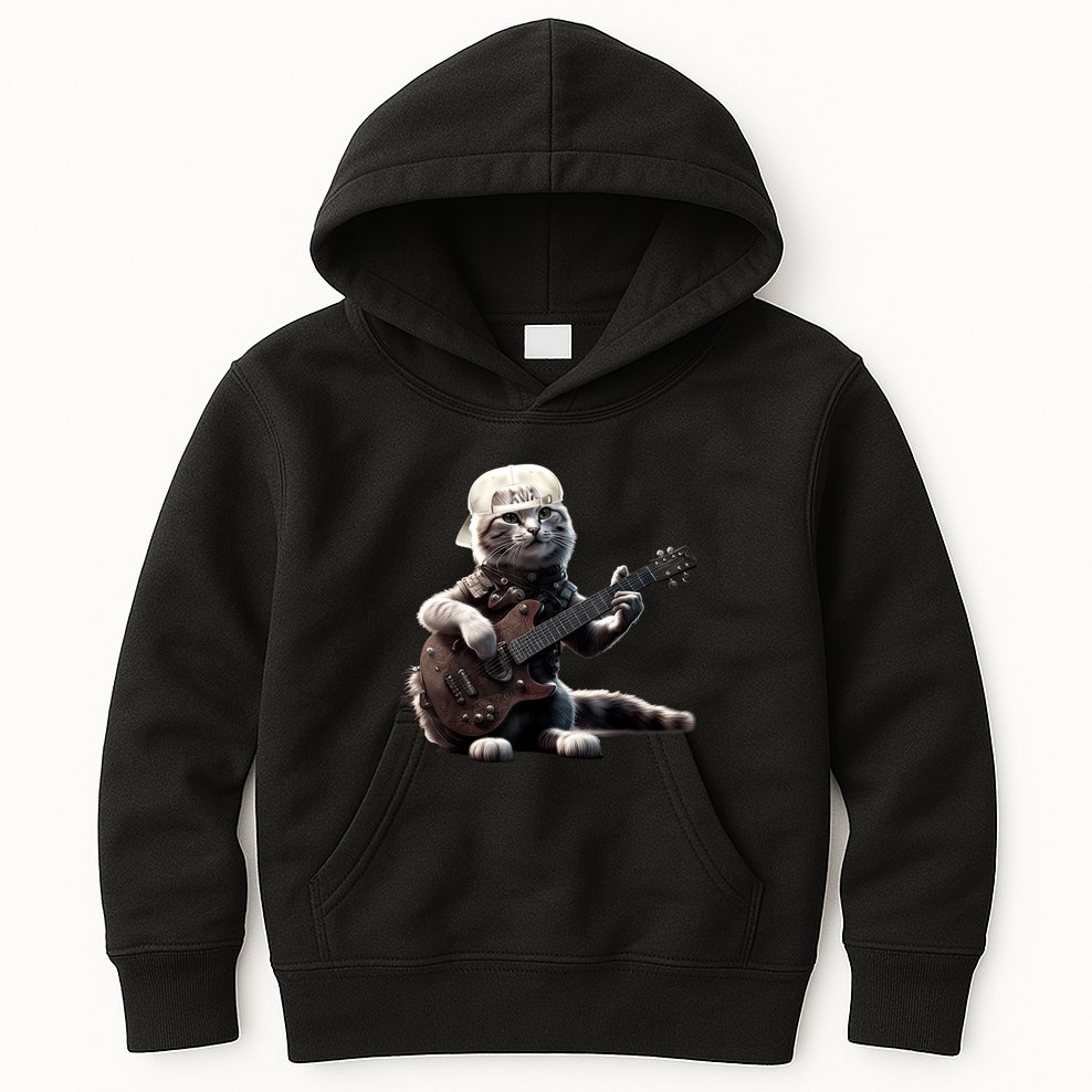 Cat Playing Guitar Funny Rock Music Gifts Kids Hoodie