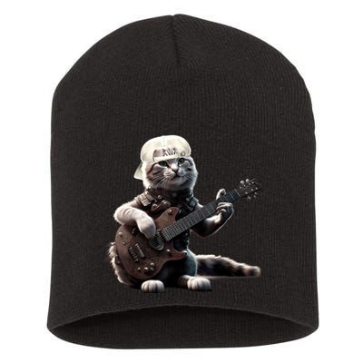 Cat Playing Guitar Funny Rock Music Gifts Short Acrylic Beanie