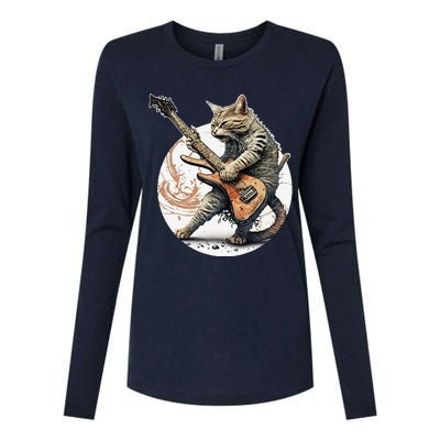 Cat Playing Guitar Rock Cat Heavy Metal Cat Music Cat Womens Cotton Relaxed Long Sleeve T-Shirt