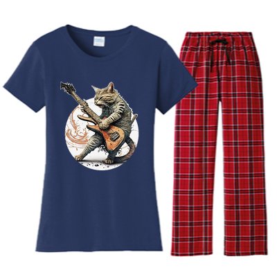 Cat Playing Guitar Rock Cat Heavy Metal Cat Music Cat Women's Flannel Pajama Set