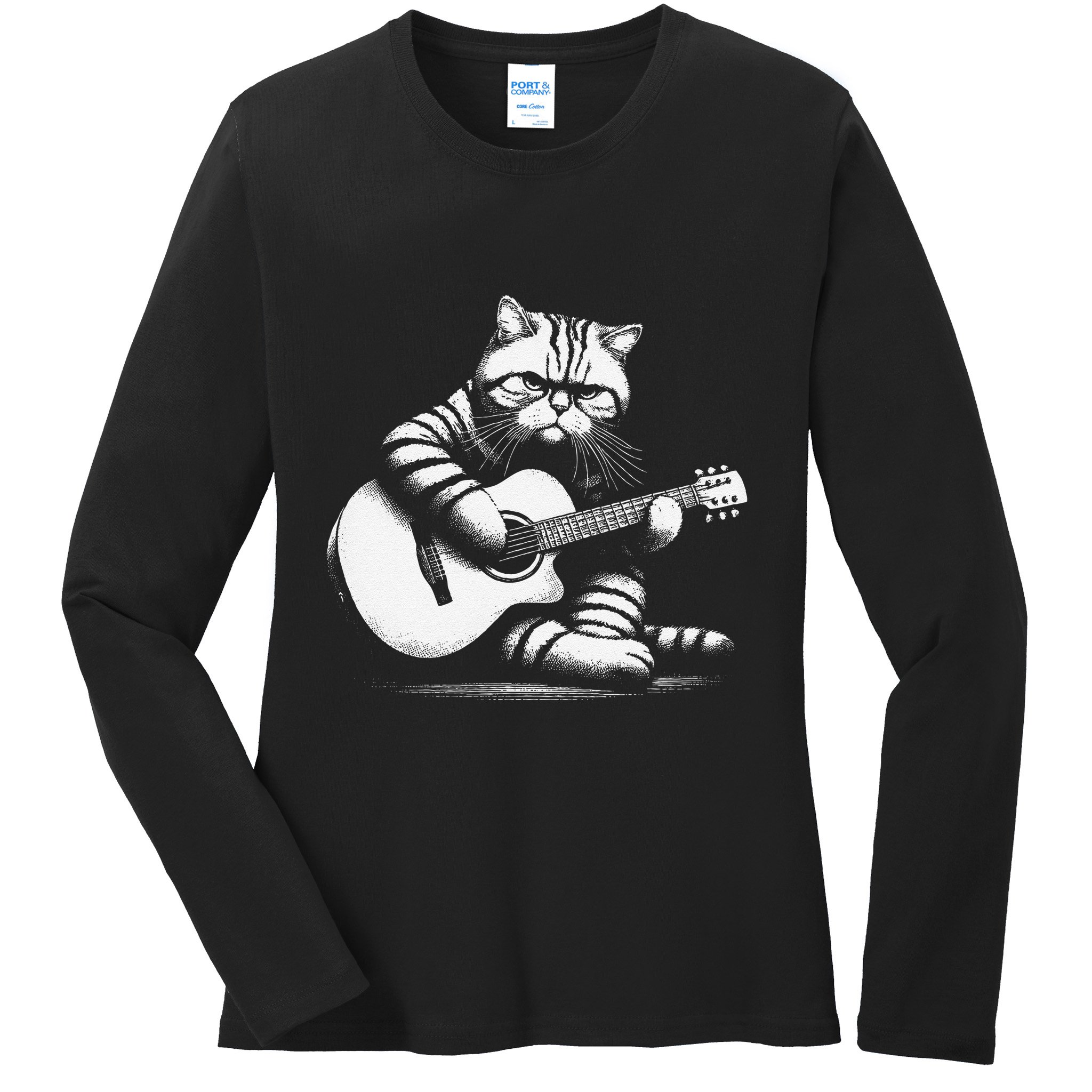 Cat Playing Guitar Acoustic Guitar Ladies Long Sleeve Shirt