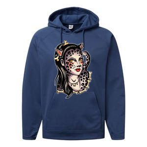 Cheetah Pretty Girl X Bones Traditional Tattoo Flash Performance Fleece Hoodie