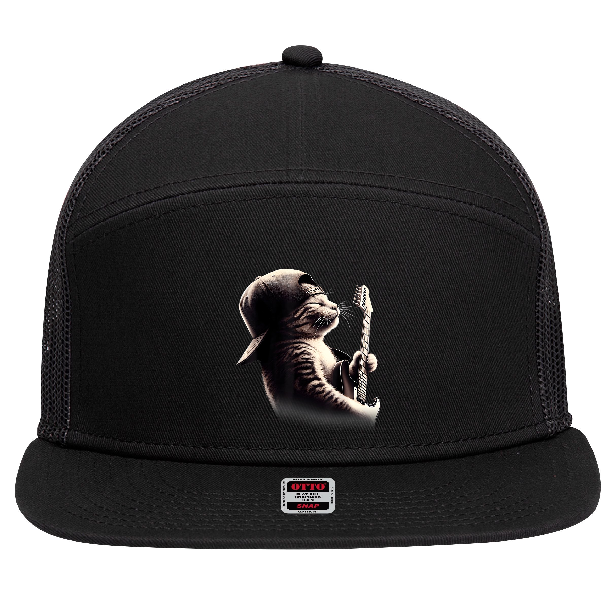 Cat Playing Guitar Funny Rock Music Guitar Cat 7 Panel Mesh Trucker Snapback Hat