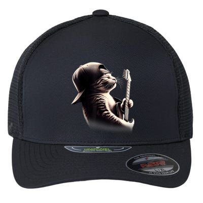 Cat Playing Guitar Funny Rock Music Guitar Cat Flexfit Unipanel Trucker Cap
