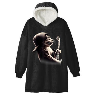 Cat Playing Guitar Funny Rock Music Guitar Cat Hooded Wearable Blanket
