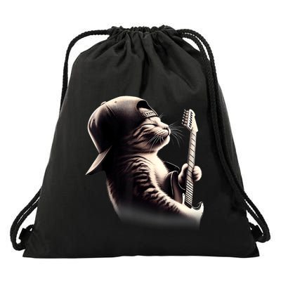 Cat Playing Guitar Funny Rock Music Guitar Cat Drawstring Bag