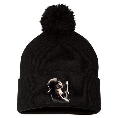 Cat Playing Guitar Funny Rock Music Guitar Cat Pom Pom 12in Knit Beanie