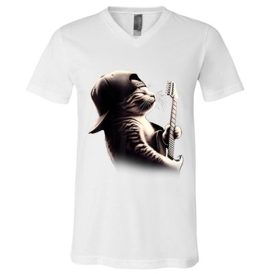 Cat Playing Guitar Funny Rock Music Guitar Cat V-Neck T-Shirt