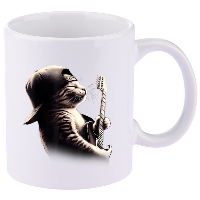 Cat Playing Guitar Funny Rock Music Guitar Cat 11oz C Handle Ceramic Mug