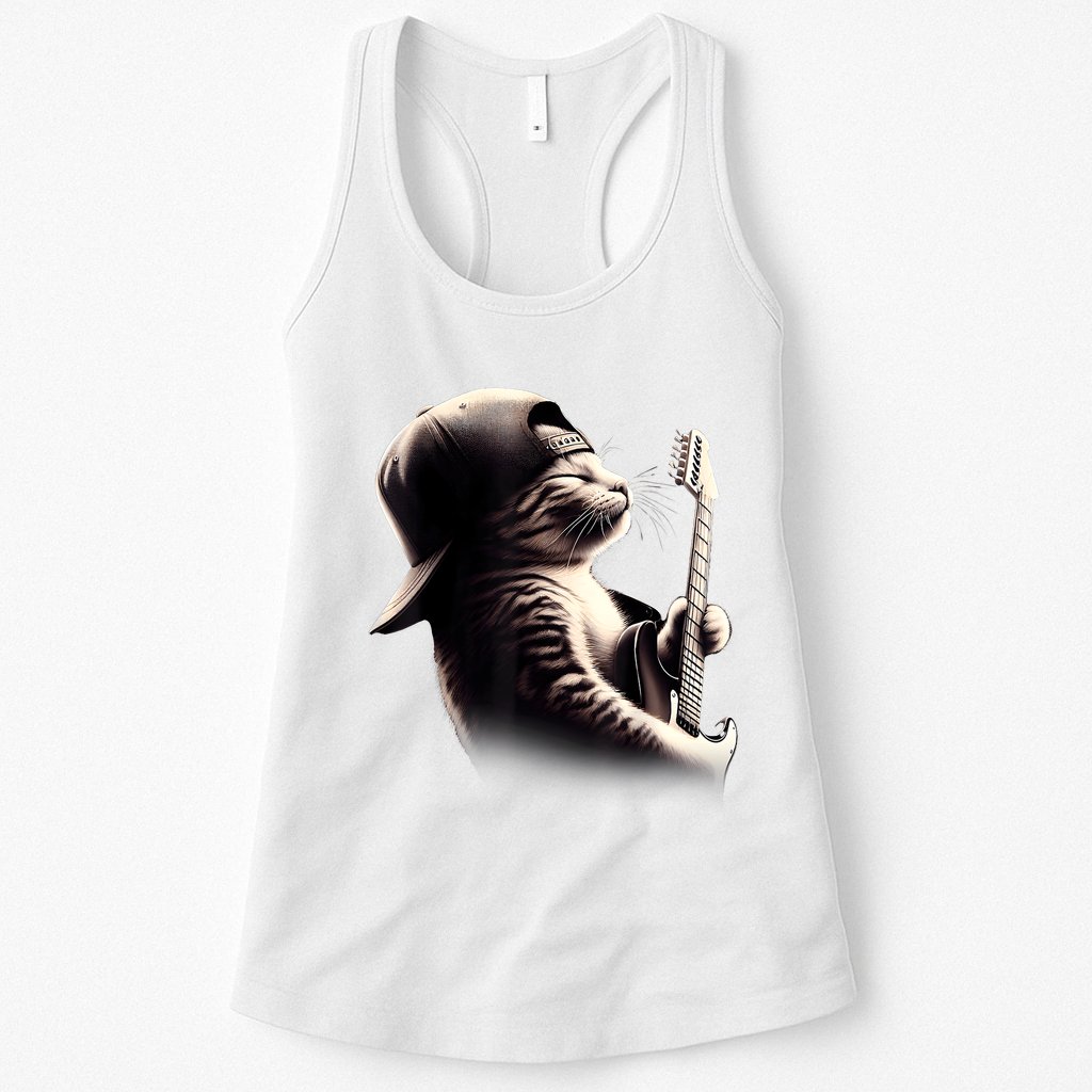 Cat Playing Guitar Funny Rock Music Guitar Cat Womens Tank Top