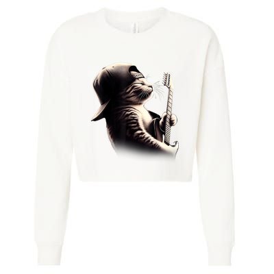 Cat Playing Guitar Funny Rock Music Guitar Cat Cropped Pullover Crew