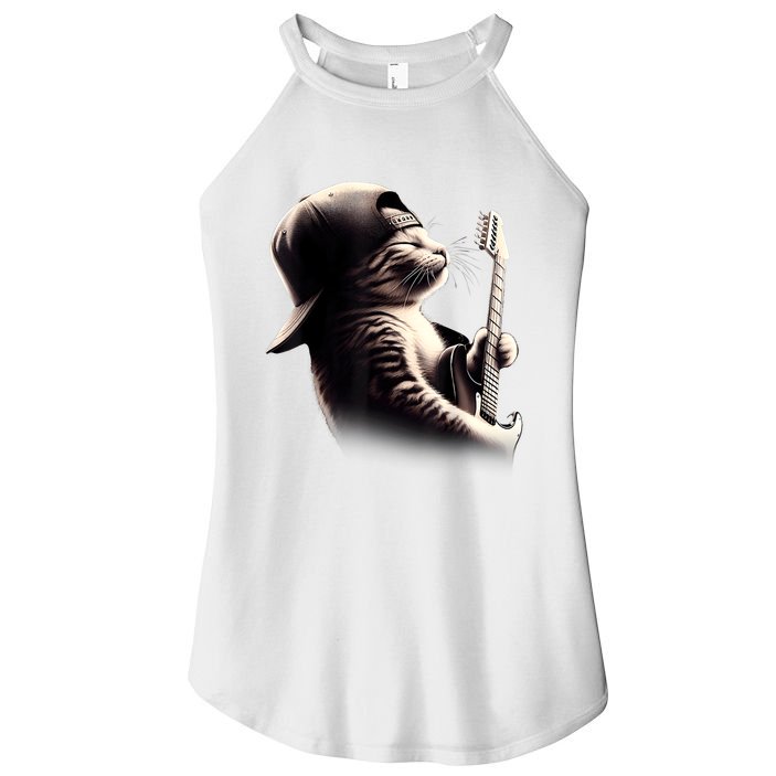 Cat Playing Guitar Funny Rock Music Guitar Cat Women's Perfect Tri Rocker Tank