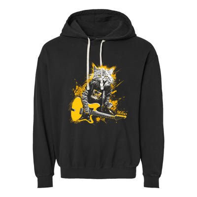 Cat Playing Guitar Kitten Plays Guitarist Rockstar Garment-Dyed Fleece Hoodie