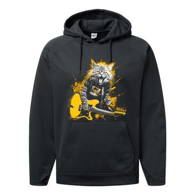 Cat Playing Guitar Kitten Plays Guitarist Rockstar Performance Fleece Hoodie