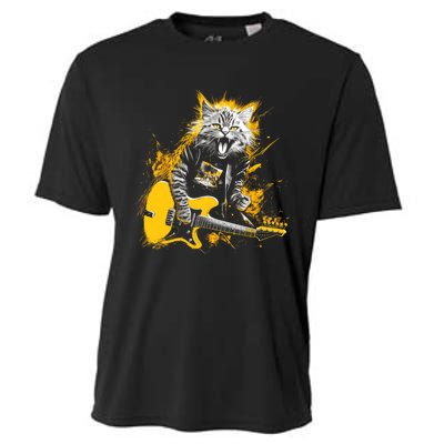 Cat Playing Guitar Kitten Plays Guitarist Rockstar Cooling Performance Crew T-Shirt