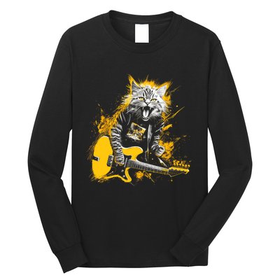 Cat Playing Guitar Kitten Plays Guitarist Rockstar Long Sleeve Shirt